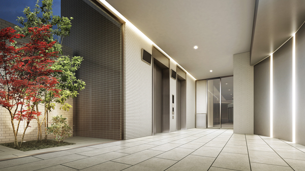 Features of the building.  [elevator hall] Light-up maple Produce a space with a calm. Also, In not held over the contactless key When the door does not open the system before riding the elevator, Crime prevention has increased (Rendering)