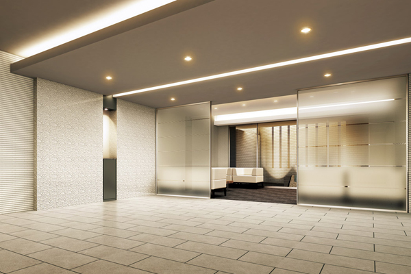 Features of the building.  [Entrance hall ・ Lounge] Entrance Hall and Lounge, As based on white, Skillfully take advantage of the different finishing material texture, such as border tiles which has been subjected to mosaic walls and sand joints of marble. Its taste is indirect lighting of the ceiling and walls will not glossy floats go up (Rendering)