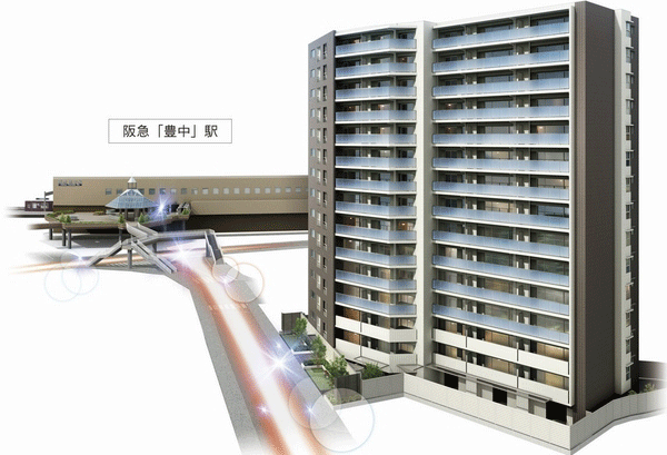 Buildings and facilities. Location conceptual diagram (the Property and the two-dimensional map of the positional relationship of Toyonaka Station ・ Illustrations drawn to the concept of based on site visits, Around the building ・ road ・ Utility pole ・ Wires and the like are omitted, Location of the property and Toyonaka Station ・ Orientation ・ height ・ Distance relationships and scale feeling such a sense is slightly different from the actual) ※ Within the grounds of the property is one that has caused to draw on the basis of the drawings, In fact a slightly different. There is equipment, etc. that have not been reproduced air conditioner outdoor unit, etc., Planting is not something depicting the state at the time of a particular season or your tenants. Is on the sidewalk of the local east side is scheduled to shopping street of the arcade is installed. shape ・ height ・ Finish ・ Position of the pillar details are undecided. For more information, please contact the person in charge