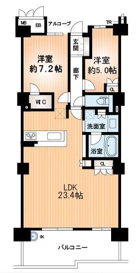 Floor plan. 2LDK, Price 33,800,000 yen, Occupied area 76.37 sq m , Balcony area 12.91 sq m