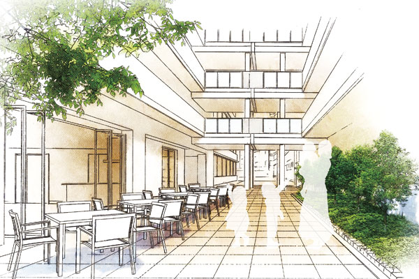 Shared facilities.  [Community Terrace] Available in the cafe terrace sense, Outdoor space adjacent to the party room. You can also use versatile as a place for a little socializing (Rendering Illustration)
