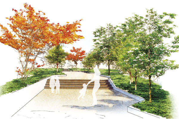 Shared facilities.  [Square of rest] Dogwood around and Acer palmatum, Creating a peace of the grove of trees is implanted to decorate the four seasons such as Fraxinus griffithii. Among the soft sunlight through the trees, Spend moments of socializing from the comfort of a bench (Rendering Illustration)
