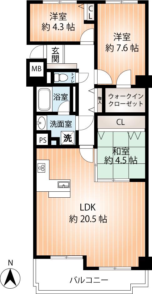 Floor plan. 3LDK, Price 24,300,000 yen, Occupied area 84.38 sq m , Balcony area 9.6 sq m