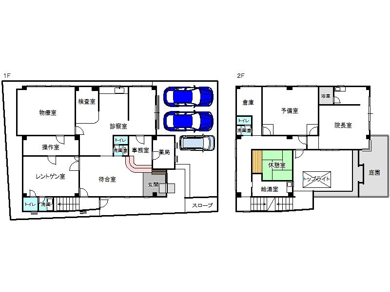 Floor plan. 47,800,000 yen, 11K, Land area 268.94 sq m , Building area 273.05 sq m 1F: 7 rooms (waiting room + office + pharmacy + X-ray laboratory + control room + examination room + Butsuryo room) 2F: 4 rooms (break room + spare room + director room + warehouse)