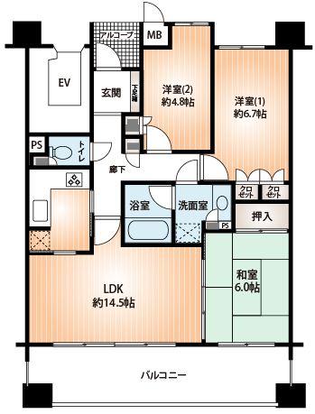 Floor plan. 3LDK, Price 27,800,000 yen, Occupied area 72.28 sq m , Balcony area 15.77 sq m