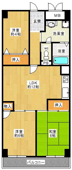 Floor plan. 3LDK, Price 12.3 million yen, Footprint 66 sq m , Balcony area 6.23 sq m