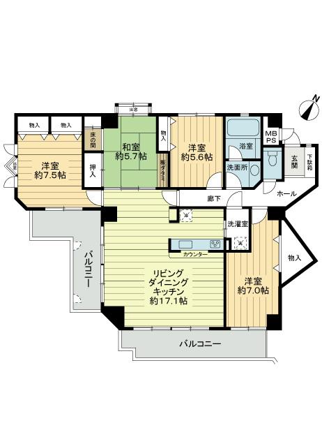 Floor plan. 4LDK, Price 38 million yen, Footprint 119.78 sq m , Balcony area 21.12 sq m