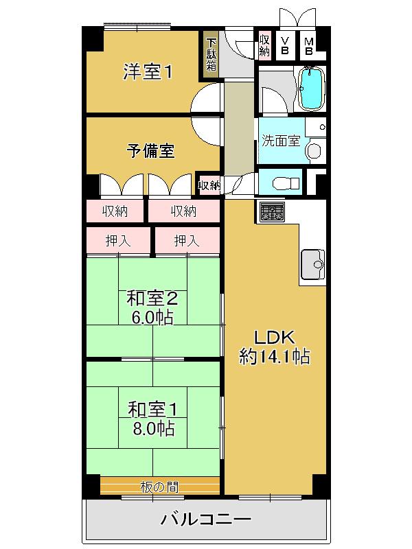 Floor plan. 3LDK + S (storeroom), Price 9.8 million yen, Footprint 80 sq m , Balcony area 7.68 sq m
