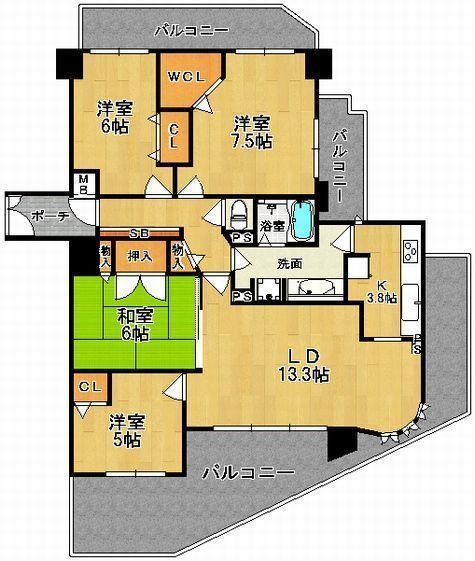 Floor plan. 4LDK, Price 23,900,000 yen, Occupied area 90.03 sq m , Balcony area 30.1 sq m