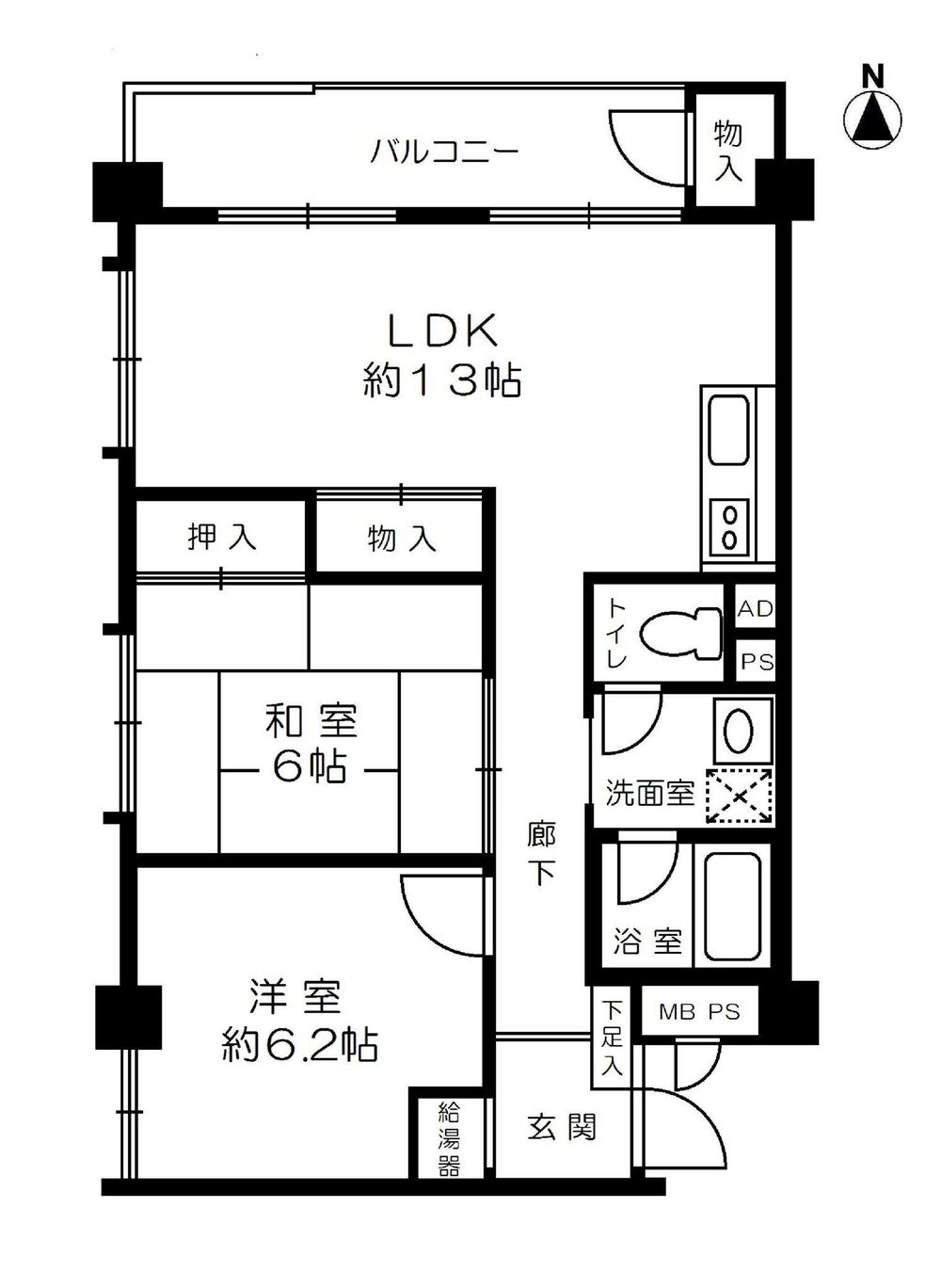 Floor plan. 2LDK, Price 9.8 million yen, Occupied area 59.53 sq m , Balcony area 6.6 sq m