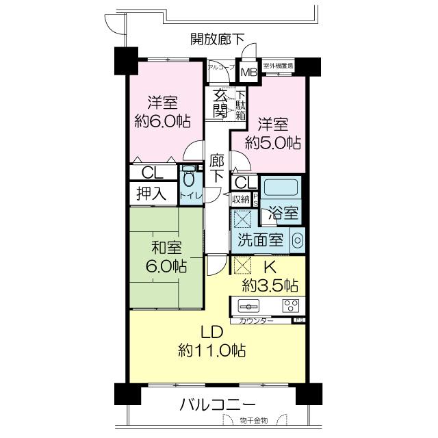 Floor plan. 3LDK, Price 22,800,000 yen, Occupied area 69.43 sq m , Balcony area 9.45 sq m