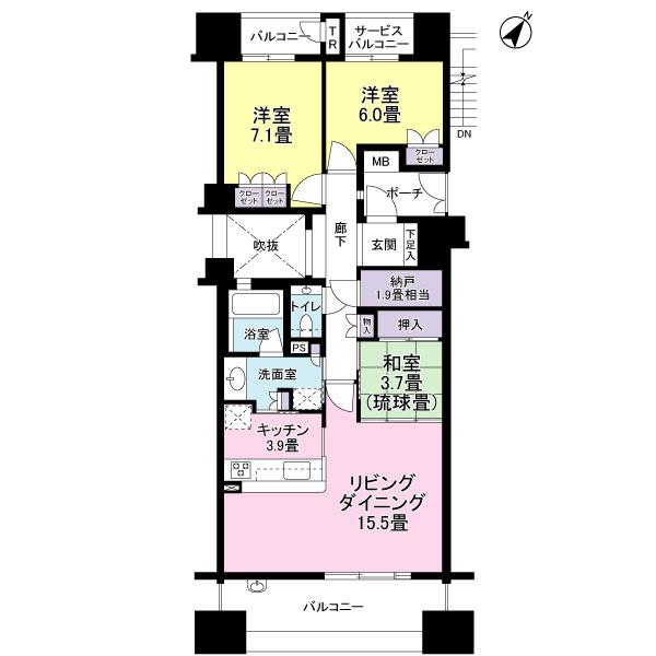Floor plan. 3LDK + S (storeroom), Price 48,800,000 yen, Occupied area 88.15 sq m , Balcony area 16.8 sq m center line of wall 88.15 sq m (including the trunk room area 0.65 sq m)
