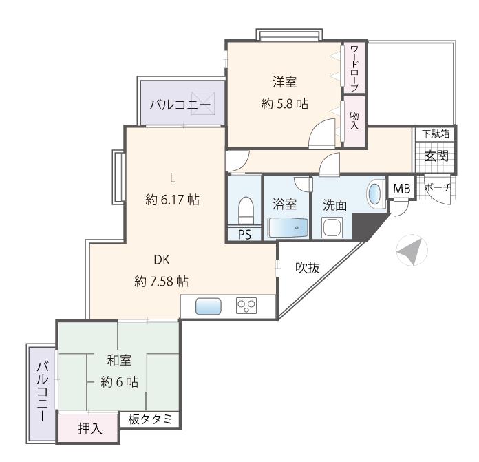 Floor plan. 2LDK, Price 14.8 million yen, Occupied area 61.75 sq m , Balcony area 6.06 sq m
