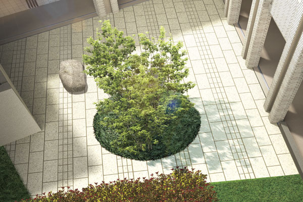 Buildings and facilities. Serve with color season is quietly visited, Moisture rich planting plan. In the courtyard of the site, Implantation the Soyogo of evergreen, Landscape and environment that always feel the freshness has been created (the courtyard Rendering)