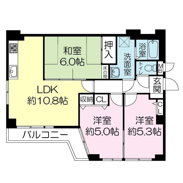 Floor plan. 3LDK, Price 18,800,000 yen, Occupied area 57.84 sq m , Balcony area 6 sq m