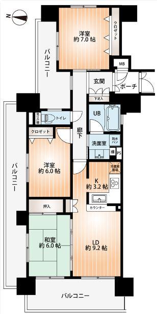 Floor plan. 3LDK, Price 32,800,000 yen, Occupied area 73.36 sq m , Balcony area 29.8 sq m