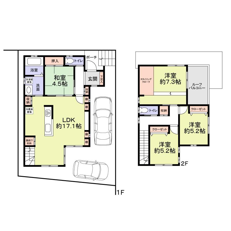 Building plan example (floor plan). Building plan example (No. 2 locations) Building price 12,770,000 yen  Building total floor area: 102.10 sq m (First floor: 56.31 sq m , Second floor: 45.79 sq m)   