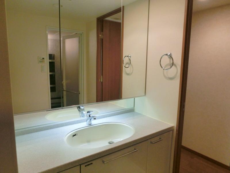 Wash basin, toilet. Large mirror is characterized by, Spacious washroom.