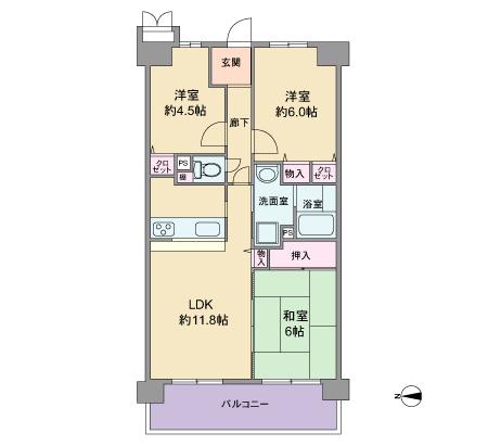 Floor plan. 3LDK, Price 17.3 million yen, Occupied area 61.48 sq m , Balcony area 9.28 sq m