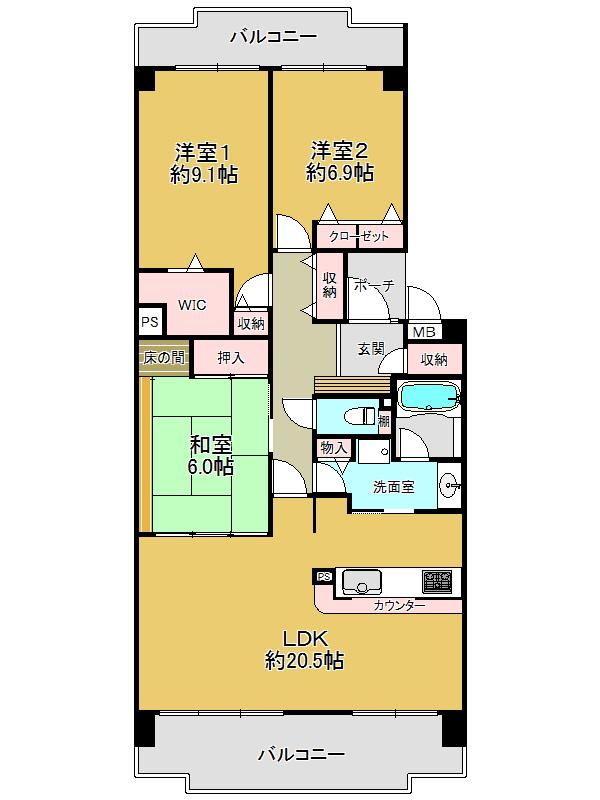 Floor plan. 3LDK, Price 25,800,000 yen, Footprint 99.3 sq m , Balcony area 13.53 sq m