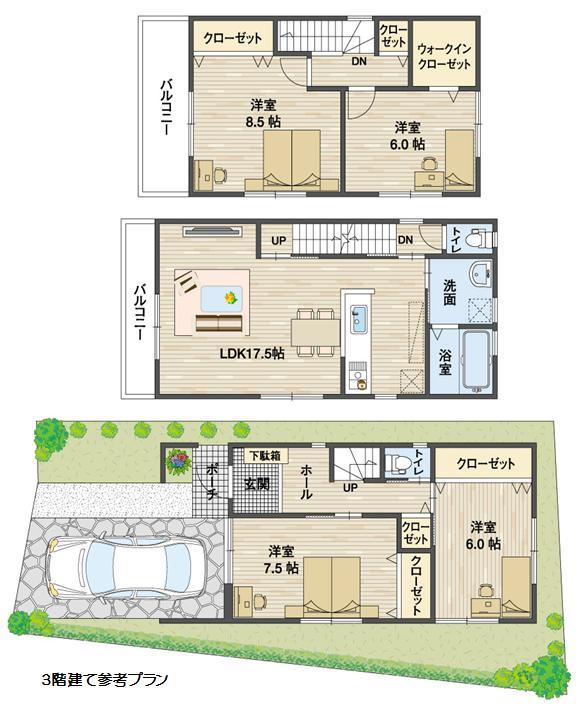 Building plan example (floor plan). 3-story reference example plan Building area 111.37 sq m