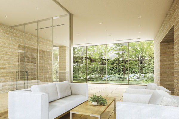 Features of the building.  [Entrance hall] From glass paste of the main entrance, Overlook the green courtyard, Crystal-clear air feeling Masu fun Me. Community terrace of the open terrace tone that connects the entrance hall and community rooms are simple nestled I feel the sophisticated impression (Rendering)