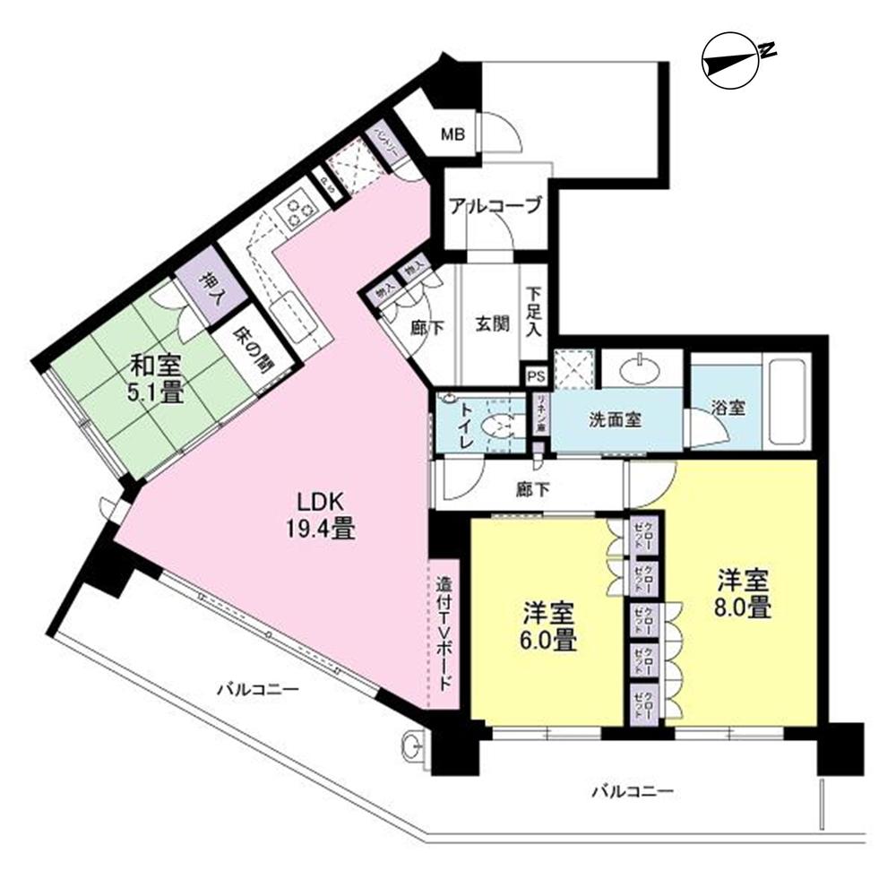 Floor plan. 3LDK, Price 33,800,000 yen, Occupied area 86.89 sq m , Balcony area 22.09 sq m