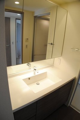 Washroom. Easy three-sided mirror vanity-to-use wide sink