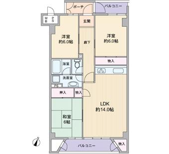 Floor plan. 3LDK, Price 22,900,000 yen, Occupied area 77.28 sq m , Balcony area 9.89 sq m south-facing!