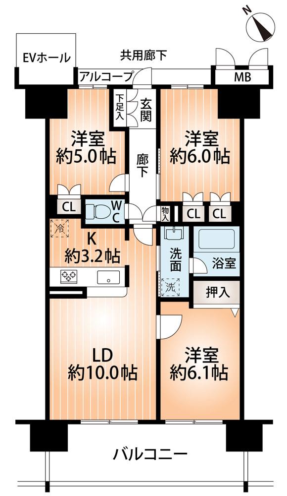 Floor plan. 3LDK, Price 21.5 million yen, Footprint 64.8 sq m , Balcony area 11.4 sq m