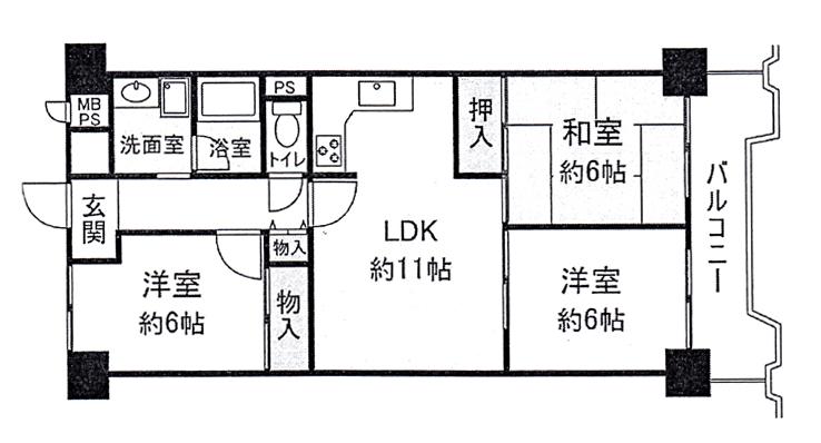 Floor plan. 3LDK, Price 13.8 million yen, Footprint 66 sq m , Balcony area 7.66 sq m