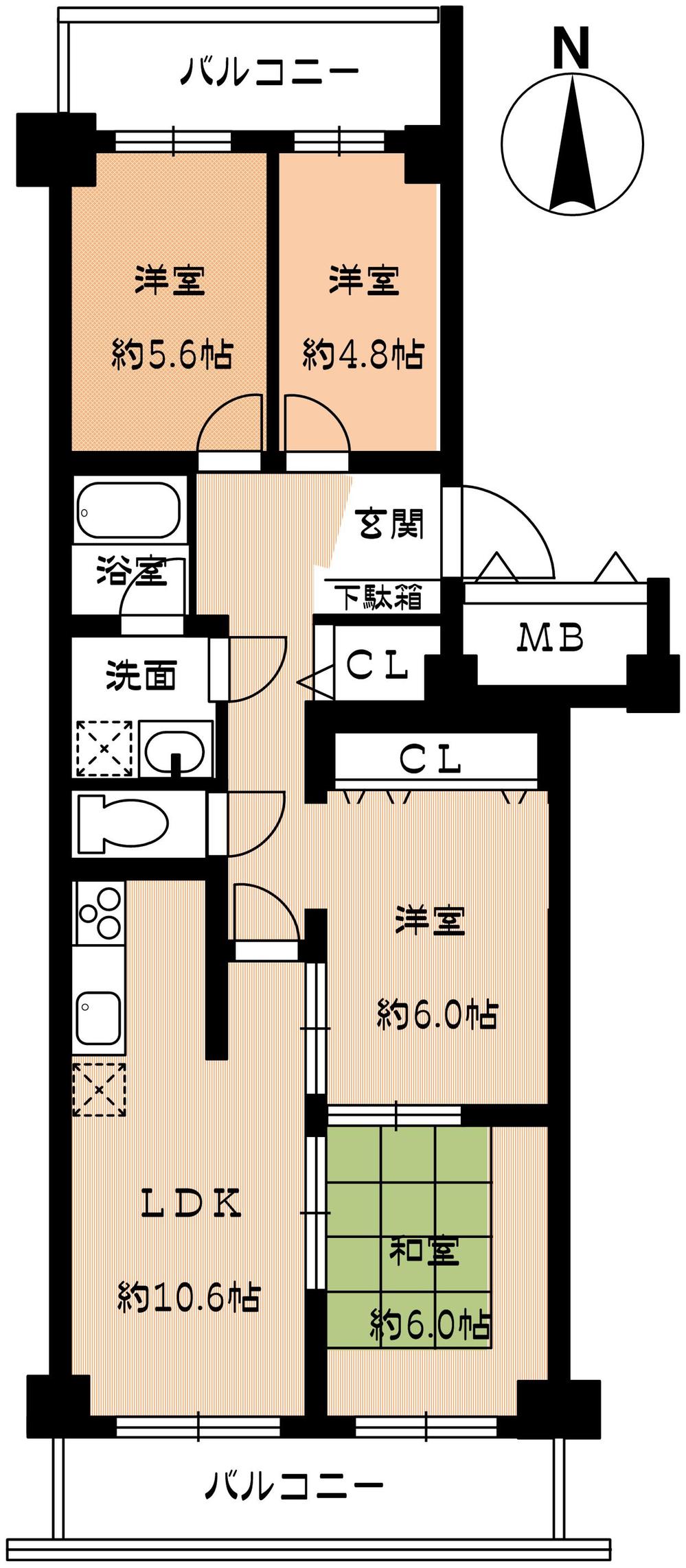 Floor plan. 4LDK, Price 16.8 million yen, Occupied area 75.17 sq m , Fully renovated property of balcony area 15.07 sq m 4LDK