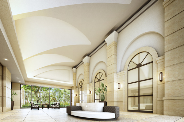 Shared facilities.  [Grand entrance lobby] Ground can be used as a live person a place of communication entrance lobby. Directing the elegant comfort of the space using natural materials such as granite and limestone. While admiring the green garden, Guests can relax and pleasant time (Rendering)