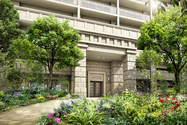 Shared facilities.  [Grand Entrance approach] The entrance to the face of the apartment, Installing the gate of full of profound feeling of natural stone. Live it has created a appearance to narrate the dignity of the people (Rendering)