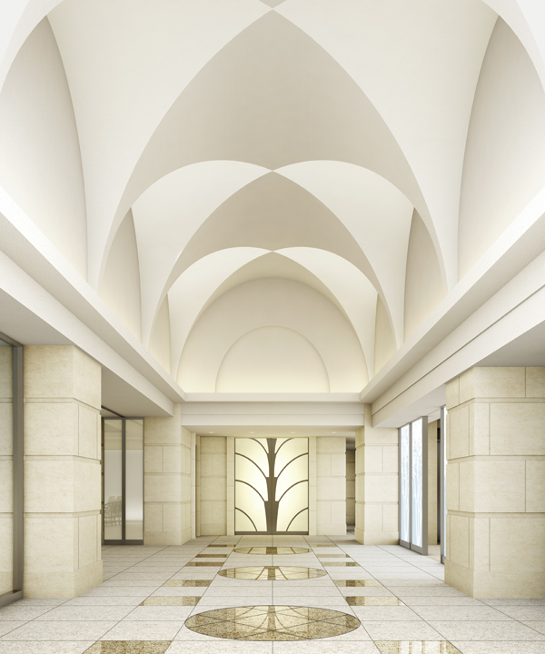 Shared facilities.  [Entrance hall] Large space of the two-layer blow. High ceiling which adopted the traditional architectural style called cross vaults, Creating a magnificent space with floors and limestone walls of glossy granite,  Space of brilliant hospitality has been directed (Rendering)