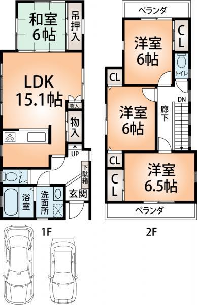 Compartment view + building plan example. Building plan example, Land price 22,330,000 yen, Land area 115.49 sq m , Building price 16,170,000 yen, The building area is 92.96 sq m building plan example. 