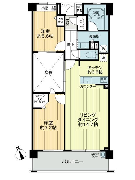 Floor plan. 2LDK, Price 40 million yen, Occupied area 69.59 sq m , Balcony area 11.7 sq m