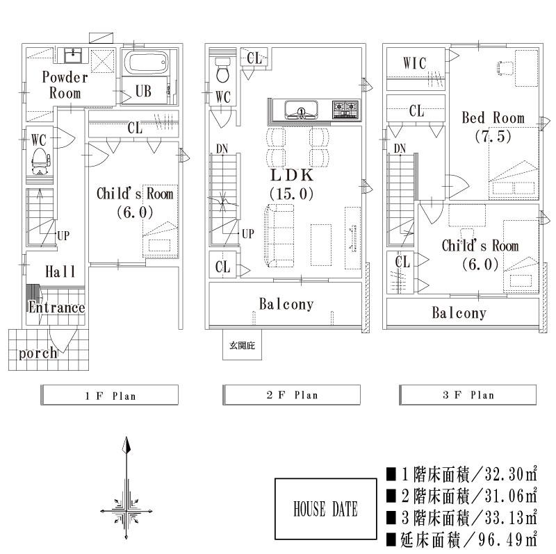 Building plan example (floor plan). Building plan example (No. 4 place) 3LDK, Land price 30.5 million yen, Land area 74.83 sq m , Building price 13.4 million yen, Building area 96.49 sq m
