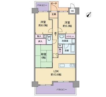 Floor plan. 3LDK, Price 15 million yen, Occupied area 69.63 sq m , Balcony area 9.46 sq m