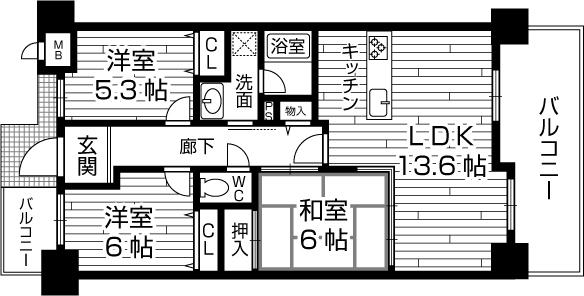 Floor plan. 3LDK, Price 15 million yen, Occupied area 69.63 sq m , Balcony area 9.46 sq m