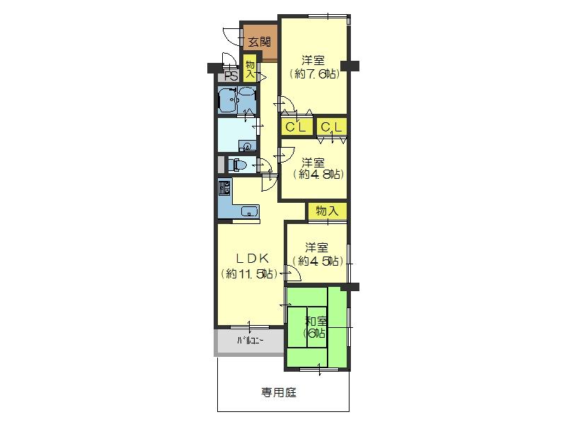 Floor plan. 4LDK, Price 12.8 million yen, Occupied area 76.13 sq m , Balcony area 3.61 sq m