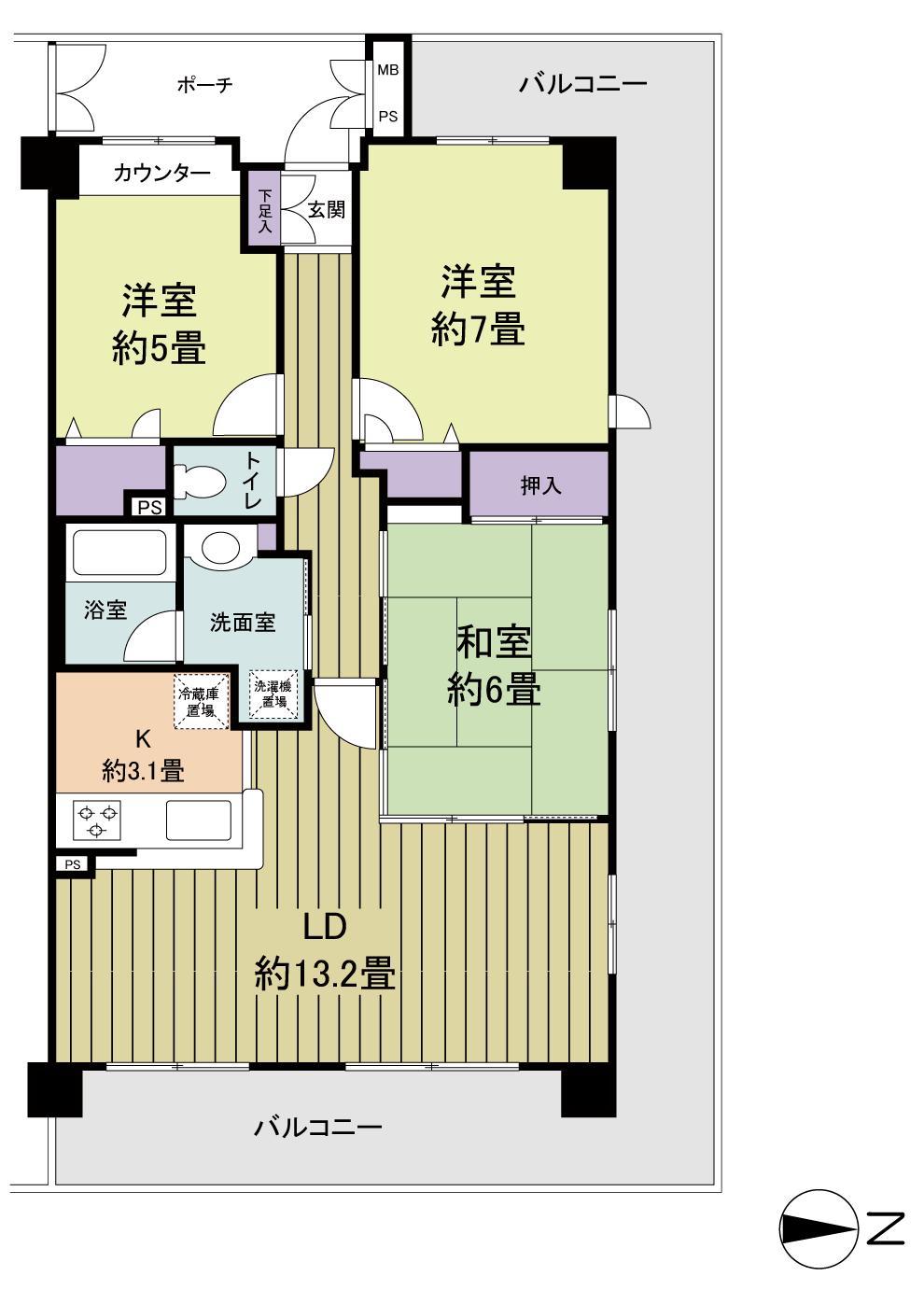 Floor plan. 3LDK, Price 24,800,000 yen, Occupied area 74.39 sq m , Balcony area 32.56 sq m