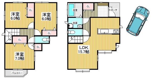 Floor plan. 33,800,000 yen, 3LDK, Land area 95.68 sq m , Building area 86.53 sq m all room 6 tatami mats or more, With storage space ☆
