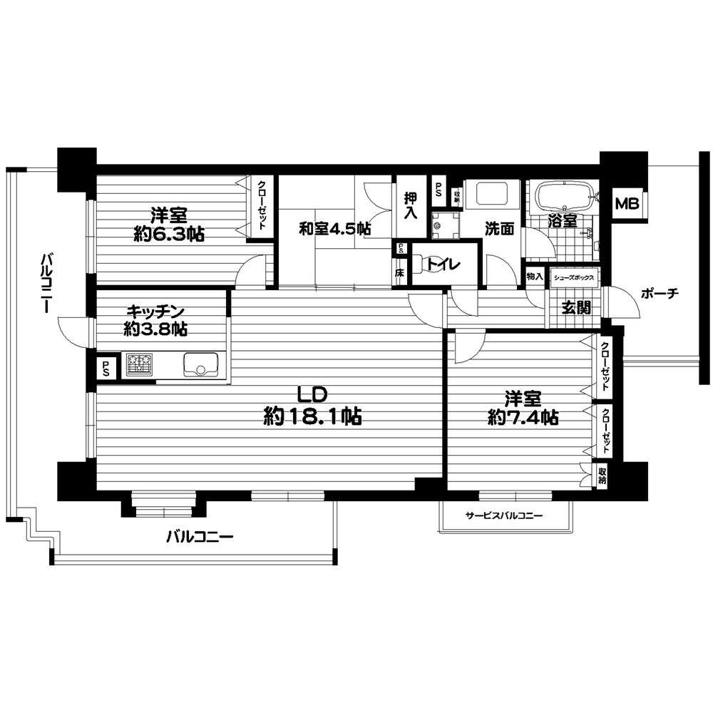 Floor plan. 3LDK, Price 32,900,000 yen, Occupied area 85.54 sq m , Balcony area 24.07 sq m