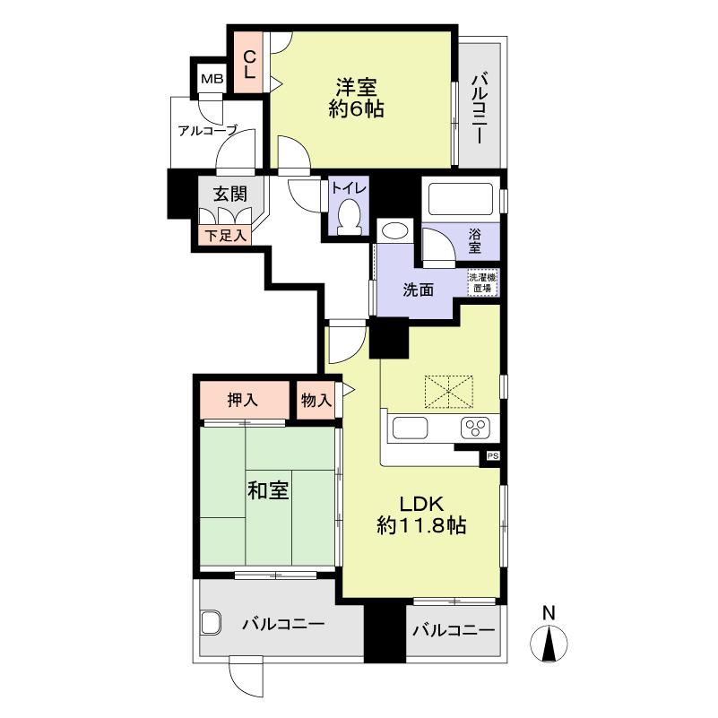 Floor plan. 2LDK, Price 18.3 million yen, Occupied area 56.18 sq m , Balcony area 9.4 sq m