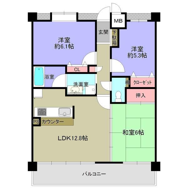 Floor plan. 3LDK, Price 18,800,000 yen, Occupied area 65.12 sq m , Balcony area 13.68 sq m