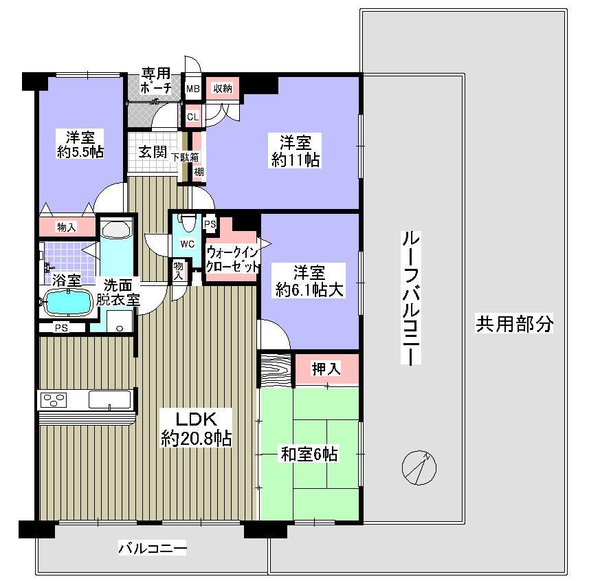 Floor plan. 4LDK, Price 28.8 million yen, Footprint 101.04 sq m , Balcony area 45.6 sq m