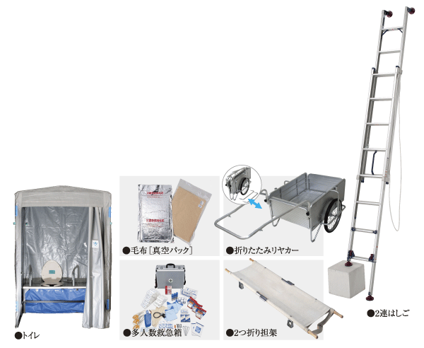 earthquake ・ Disaster-prevention measures.  [Disaster prevention stockpile warehouse] In preparation for an emergency such as an earthquake, It has provided for disaster prevention stockpile warehouse. Bar (150) ・ Large hammer (150) ・ Saw (50) ・ Iron wire cutting (50) ・ Two consecutive ladder (20) ・ Folding Carts (30) ・ 2 fold stretcher (30) ・ Blankets (900) ・ Hand microphone (50) ・ FM radio (100) ・ Flashlight (300) ・ Toilet (4) ・ Tool set (50) ・ Rescue rope (50) ・ Tarpaulin stretcher (30) ・ Universal scissors (50) ・ Cotton work gloves (1000) ・ Multiplayer first-aid kit / For 50 people (5) ※ () In will be stockpiling quantity (same specifications)