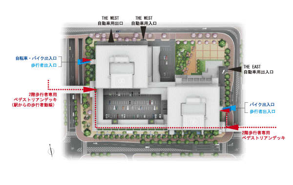 Shared facilities.  [Ayumu car isolation design] Pedestrian (bicycle ・ Bike) and, Adopt a walking car isolation design of the peace of mind that has been laid out by dividing the car doorway. By ensuring each entrance to each building, Consideration to convenience. Taking advantage of the benefits of independent city-ku, unique four-way of the site is facing the road, Safe and smooth approach flow line to the building have been drawn (site layout Rendering)
