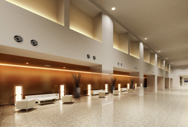 Shared facilities.  [Entrance lobby] Central lobby of about 650 sq m is, Reception space of a masterpiece that spread on the ground floor 6. Various services in the lobby ( ※ The front is installed to perform a use fee undecided), Hotel-like comfort can enjoy (Rendering ・ It has drawn watermark some pillars)